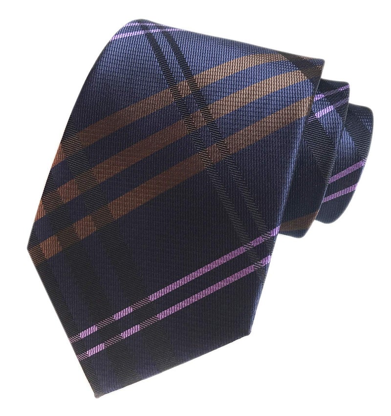 Elfeves Men's Navy Blue Brown Pink Geometric Plaids Striped Tie Trendy Patterned Necktie - Image 1